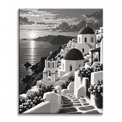Whitewashed domes, a bell tower, and flower-draped terraces climb a Santorini cliff above a sunlit sea, shown as a black and white paint by numbers design.