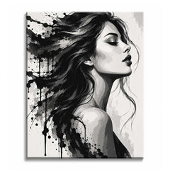 A woman portrait paint by numbers design in black and white: a closed-eye profile with the chin lifted, long hair breaking into ink splatters and drips on the left.