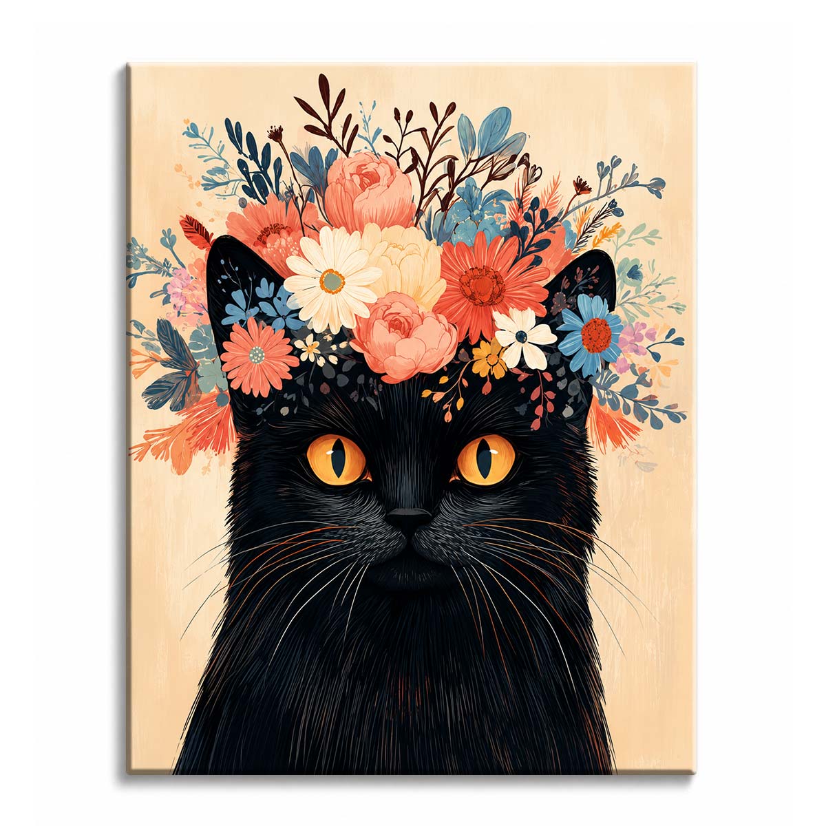 A black cat paint by numbers design with bright amber eyes and a crown of coral, cream and blue flowers on a warm cream background.