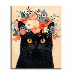 A black cat paint by numbers design with bright amber eyes and a crown of coral, cream and blue flowers on a warm cream background.