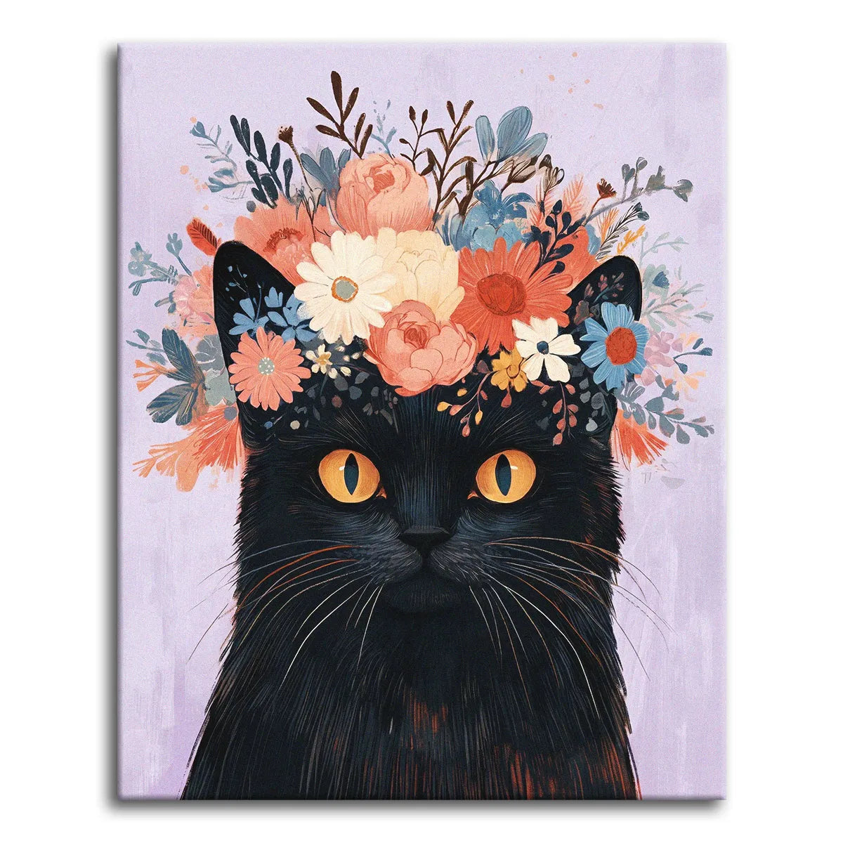 A black cat with golden eyes wearing a crown of coral, cream, and blue flowers on a soft lavender background, shown as a paint by numbers canvas.