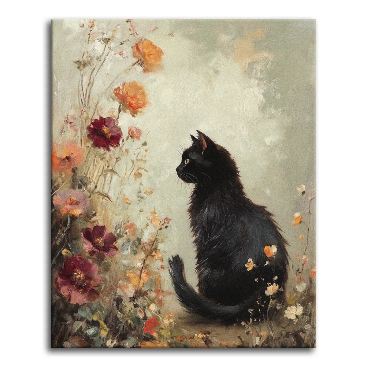 A soft, painterly vintage paint by numbers scene of a black cat sitting in profile among loosely painted garden flowers in coral, plum, and cream, against a hazy muted sky.