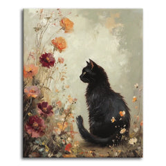 A soft, painterly vintage paint by numbers scene of a black cat sitting in profile among loosely painted garden flowers in coral, plum, and cream, against a hazy muted sky.