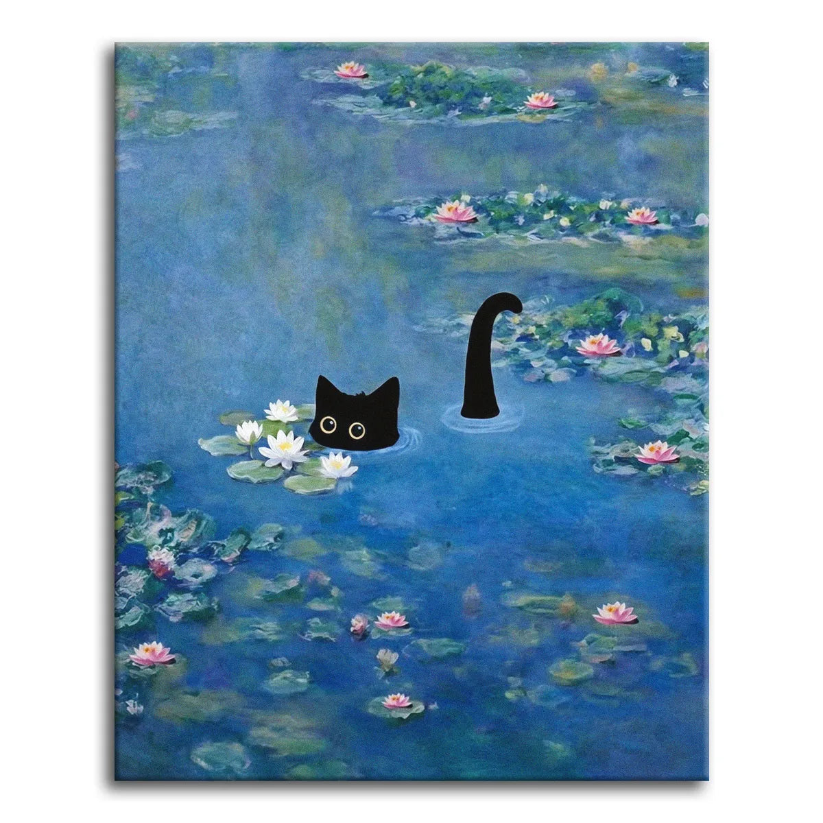 A paint by numbers black cat peeking out of a Monet-style water lily pond with its tail curled up like a sea monster.