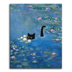 A paint by numbers black cat peeking out of a Monet-style water lily pond with its tail curled up like a sea monster.