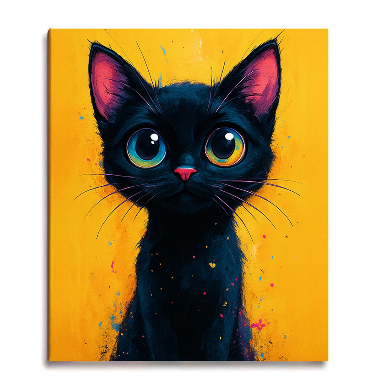 Cute black kitten with large rainbow eyes on a vivid yellow background with colorful paint splatter paint by numbers design.
