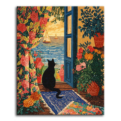 A richly colored folk-art paint by numbers scene of a black cat sitting in an open blue doorway, watching sailboats on a calm sea, framed by flowering plants, potted geraniums, and patterned rugs.