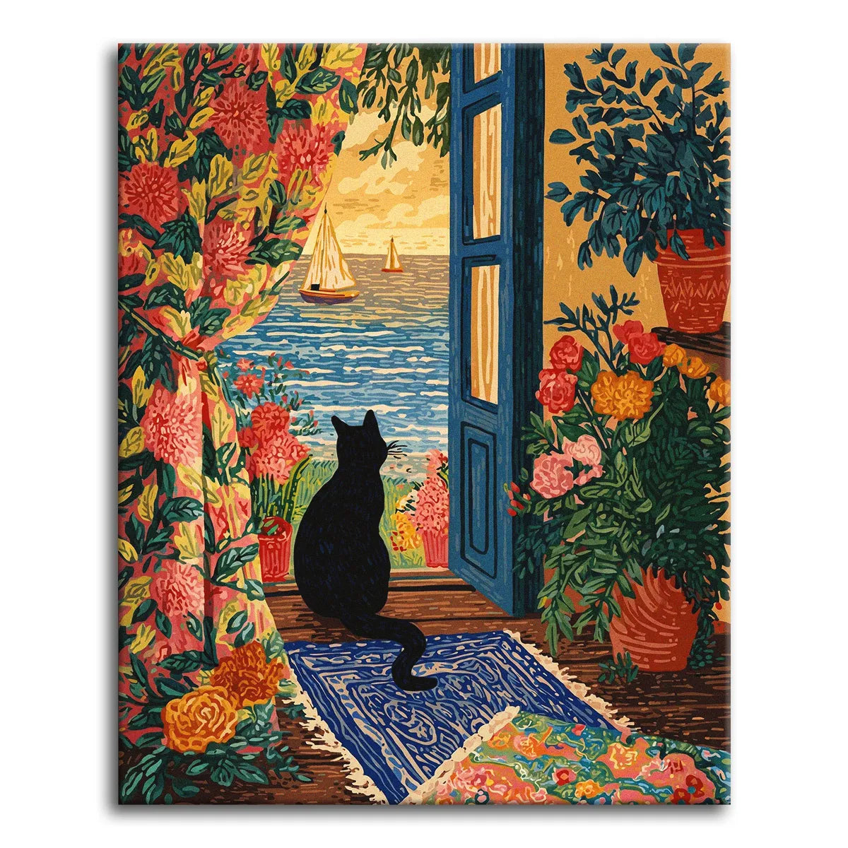 A richly colored folk-art paint by numbers scene of a black cat sitting in an open blue doorway, watching sailboats on a calm sea, framed by flowering plants, potted geraniums, and patterned rugs.