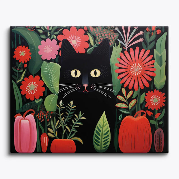 Black Cat with Red Blossoms Paint by Numbers Kit