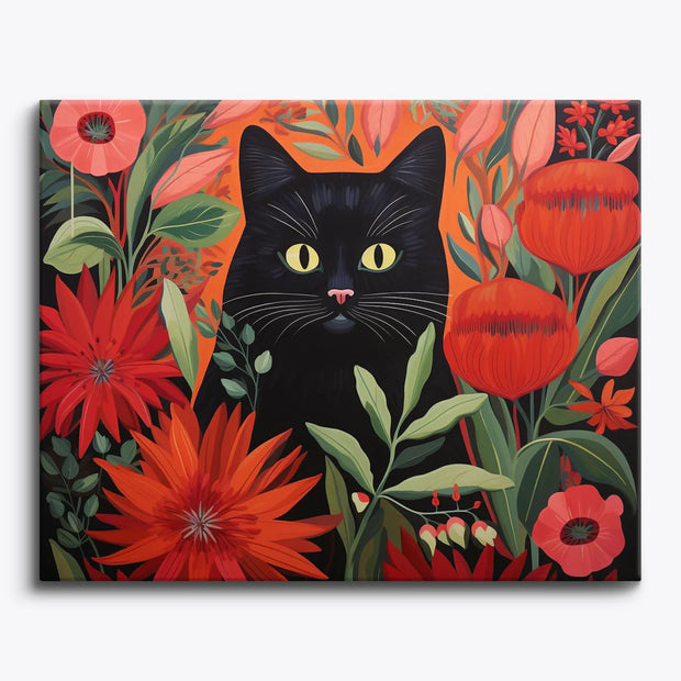 Black Cat with Red Flowers Paint by Numbers Kit