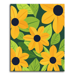 Bold golden black-eyed Susan flowers with dark navy centers cropped close against layered green leaves in a flat modern style, shown as a paint by numbers canvas.