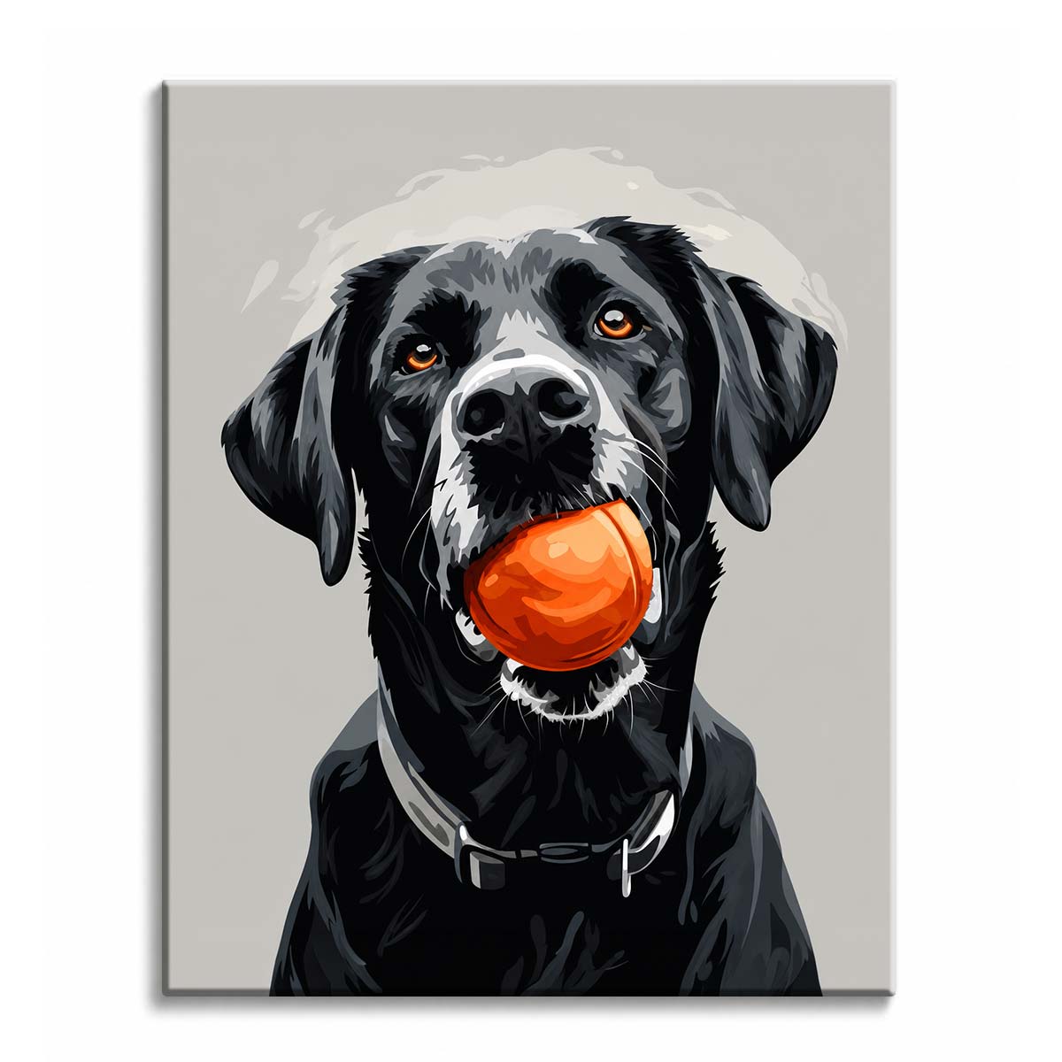 A black labrador holding an orange ball in its mouth against a grey background, shown as a paint by numbers canvas.