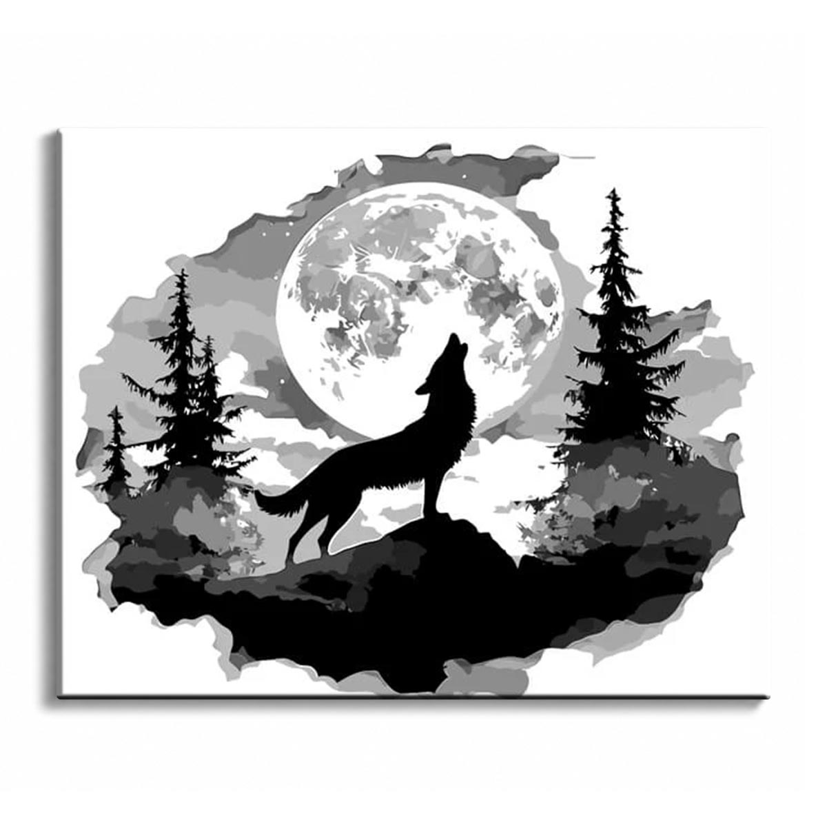 A black wolf silhouette howling at a full moon among pine trees, in black, white and grey, shown as a paint by numbers canvas.
