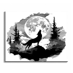 A black wolf silhouette howling at a full moon among pine trees, in black, white and grey, shown as a paint by numbers canvas.