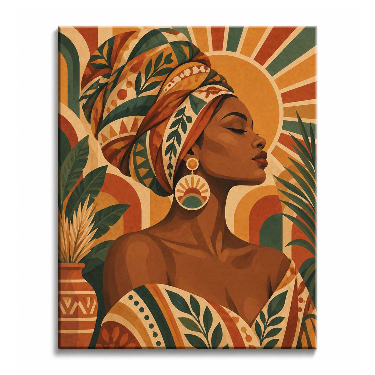 A black woman in profile wears a patterned headwrap and round sunburst earring beside green palms and geometric arches, rendered as a paint by numbers design.
