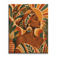 A black woman in profile wears a patterned headwrap and round sunburst earring beside green palms and geometric arches, rendered as a paint by numbers design.