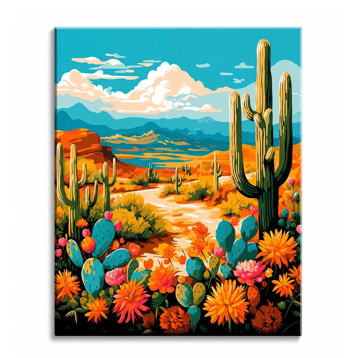 A desert landscape with saguaro cacti and blooming prickly pear in coral and marigold under a turquoise sky, shown as a paint by numbers canvas.