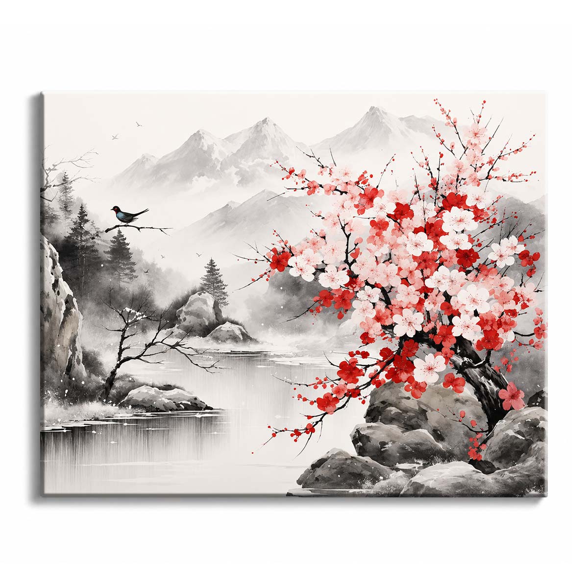 Beside a still river, a blossoming tree in red and white stands against misty gray mountains painted in ink wash, with a small bird on a bare branch.