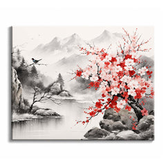 Beside a still river, a blossoming tree in red and white stands against misty gray mountains painted in ink wash, with a small bird on a bare branch.