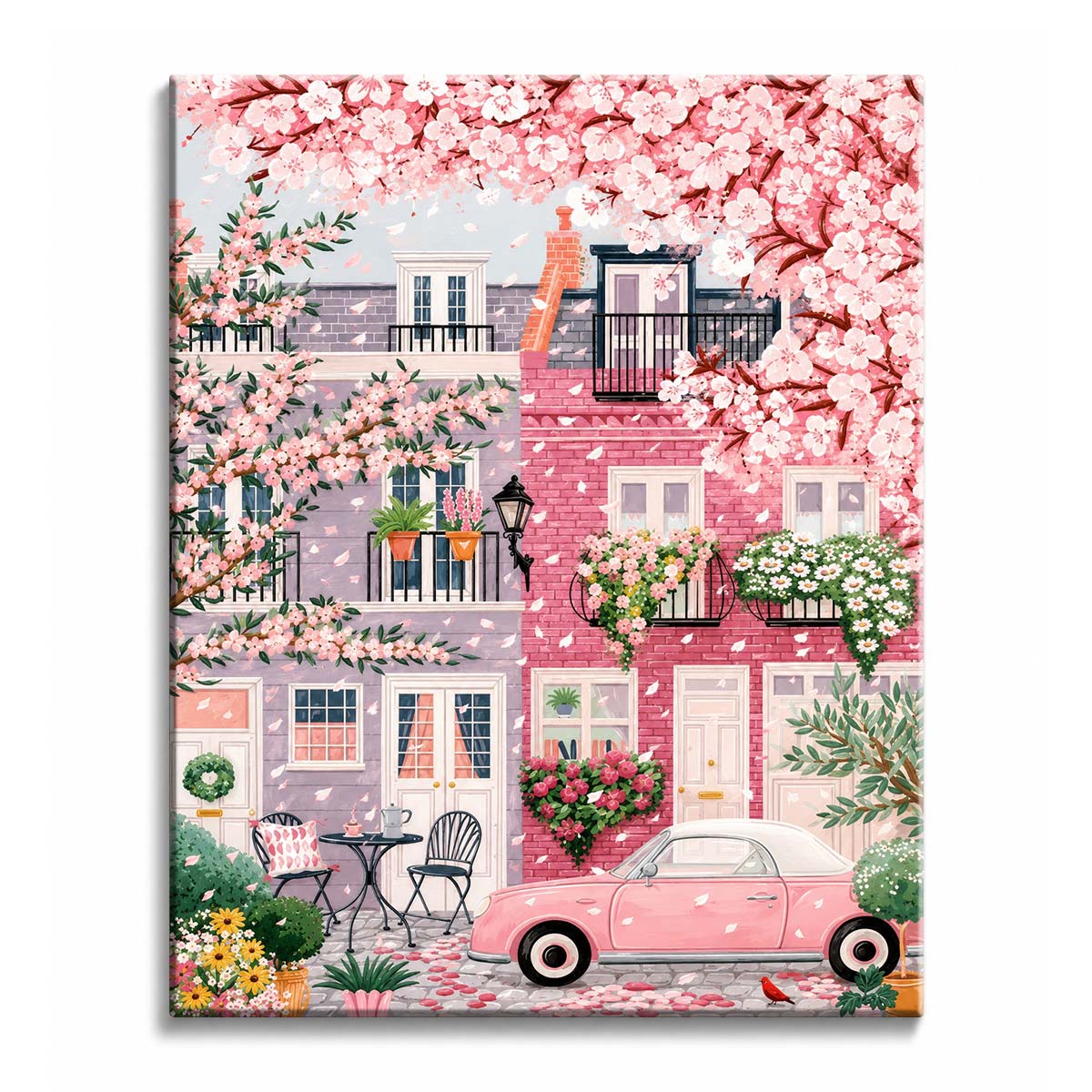 Cherry blossom hangs over a pink and lilac townhouse street with window boxes and a small pink car, in a paint by numbers design.