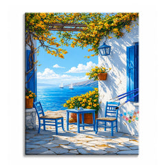 A blue table and chairs on a stone terrace framed by yellow blossom, looking out over a bright blue bay with sailboats, painted as a paint by numbers canvas.