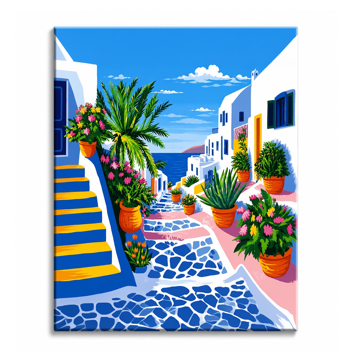 A bright Greek island alley with blue cobblestones, terracotta flower pots and a sea view at the end, shown as a paint by numbers canvas.