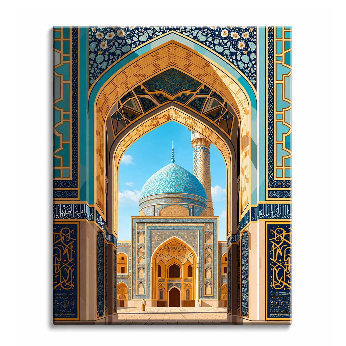 A turquoise tiled dome and minaret seen through an ornate indigo and gold arch, shown as a paint by numbers canvas.