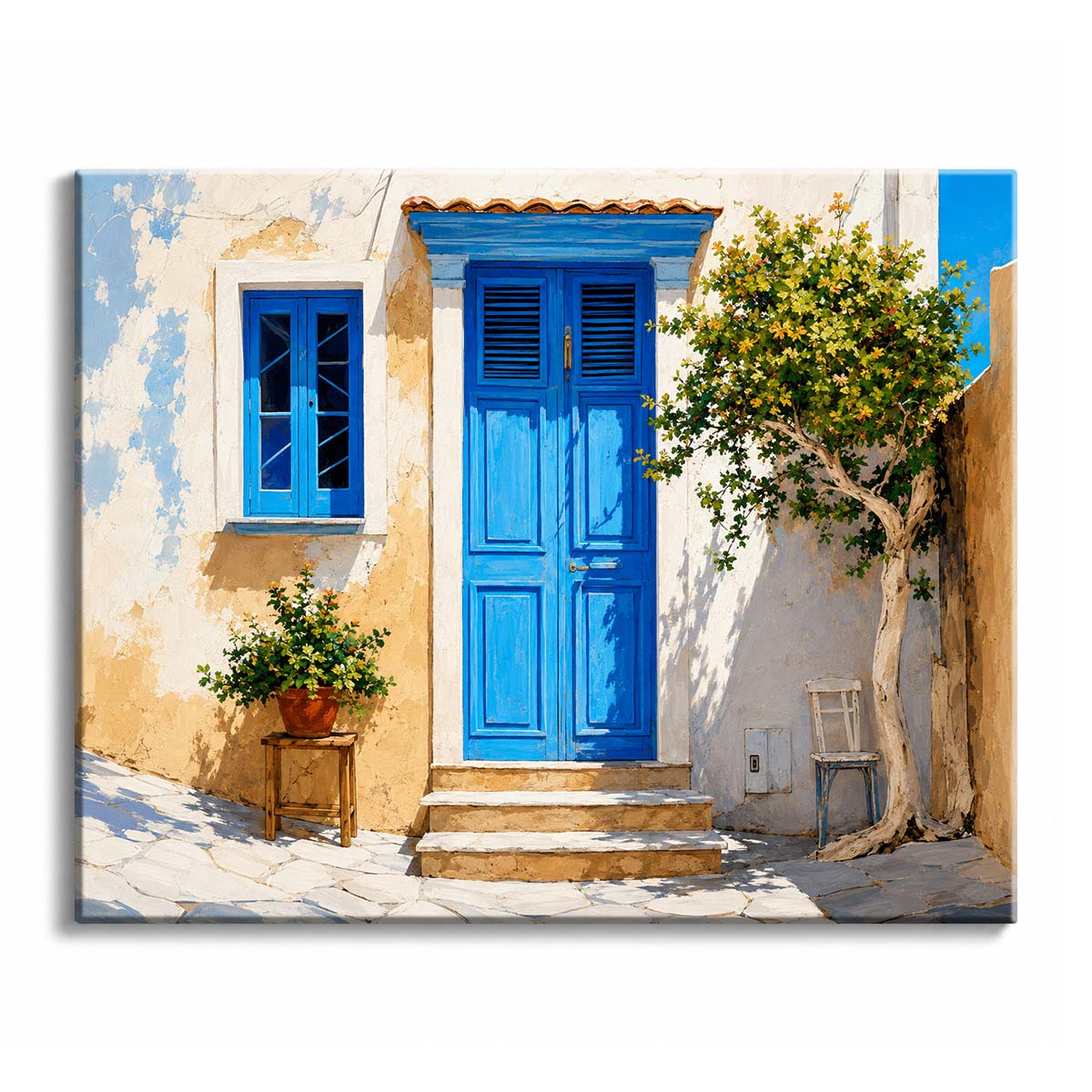 Sunlight falls across a vivid blue door, weathered cream walls, and a leafy courtyard tree in a Mediterranean-style paint by numbers design.