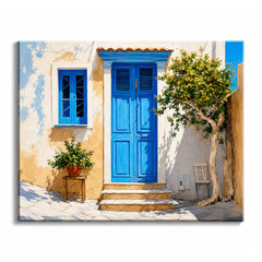 Sunlight falls across a vivid blue door, weathered cream walls, and a leafy courtyard tree in a Mediterranean-style paint by numbers design.