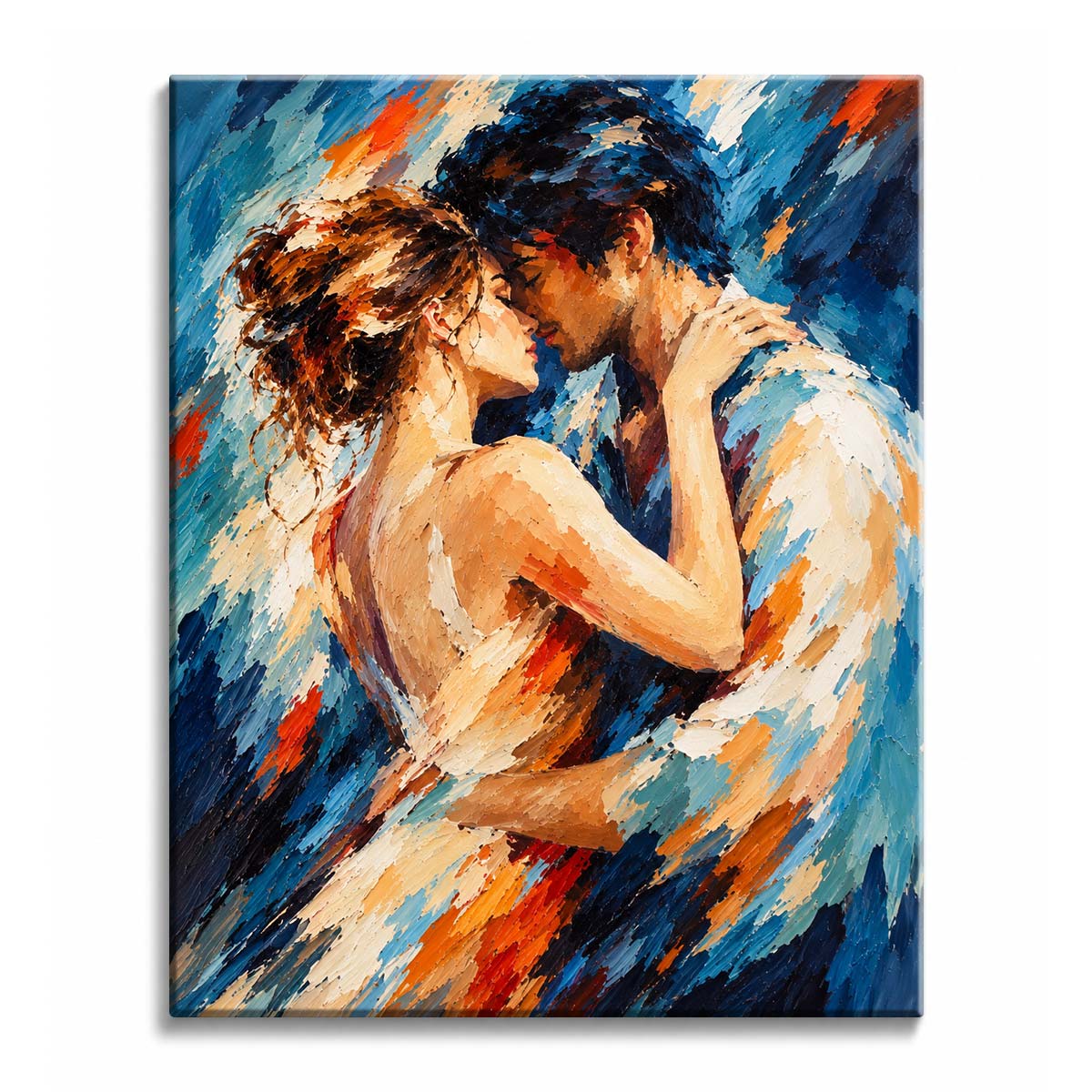 Warm orange light crosses an embracing couple paint by numbers design as a man and woman lean close amid cream highlights, dark hair, and layered cobalt brushwork.