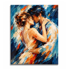 Warm orange light crosses an embracing couple paint by numbers design as a man and woman lean close amid cream highlights, dark hair, and layered cobalt brushwork.