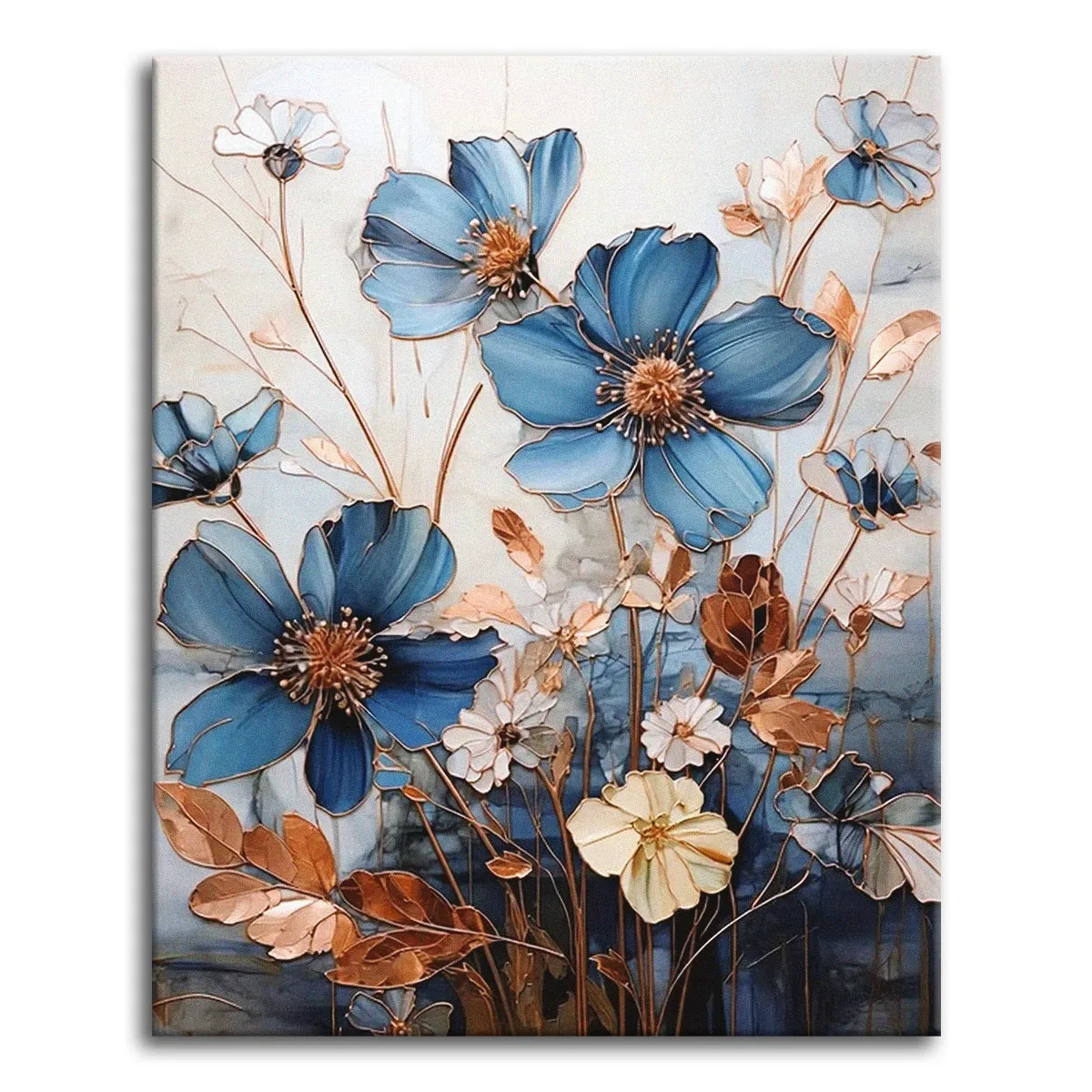 Deep blue flowers with copper-gold leaves and fine gilded outlines against a soft marbled neutral background, shown as a paint by numbers canvas.