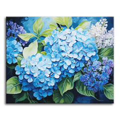 Lush blue hydrangeas with purple lilac and white blooms framed by broad green leaves against a deep blue background, shown as a paint by numbers canvas.