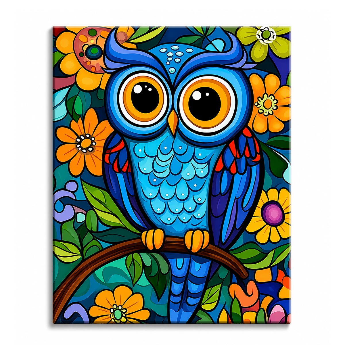 A paint by numbers canvas of a bright blue owl with large round eyes perched on a branch, surrounded by bold flowers in stained-glass style.