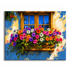 A floral paint by numbers design of a wooden window on a blue wall with a box of pink, purple, orange and white flowers below it.