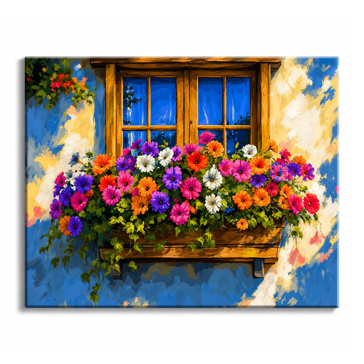 A floral paint by numbers design of a wooden window on a blue wall with a box of pink, purple, orange and white flowers below it.