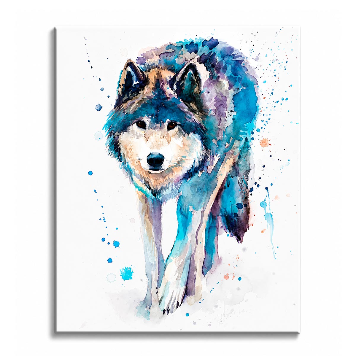 A wolf painted in blue, teal and violet watercolor washes with paint splatter on a white background, shown as a paint by numbers canvas.