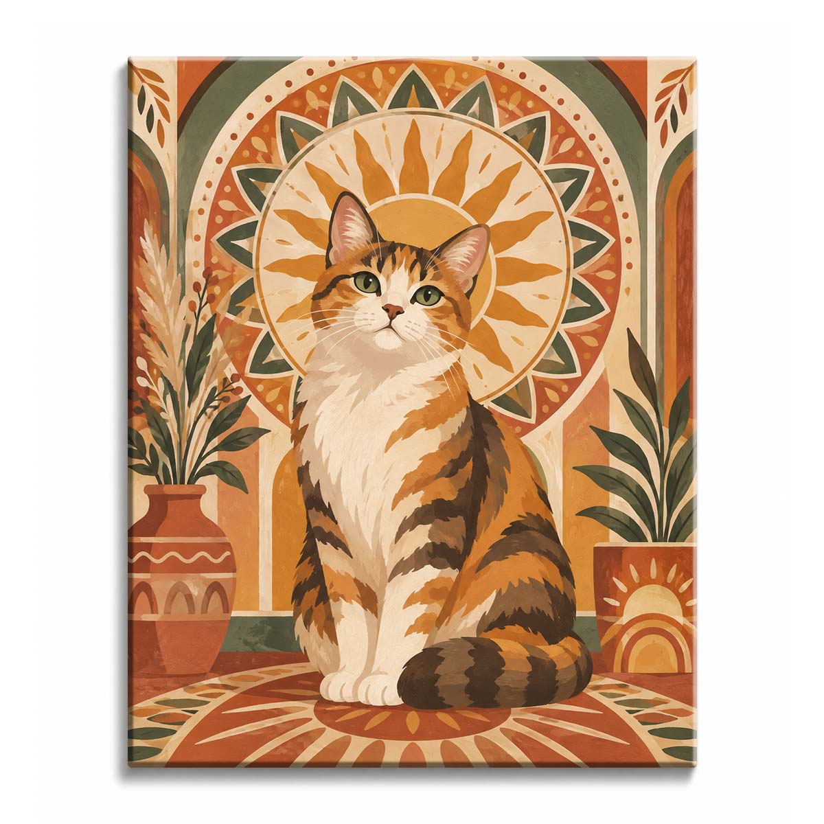 A boho cat paint by numbers design with an orange-and-white cat seated before a circular sun motif, sage plants, arches, and a terracotta botanical border.