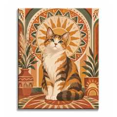 A boho cat paint by numbers design with an orange-and-white cat seated before a circular sun motif, sage plants, arches, and a terracotta botanical border.
