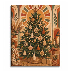 A boho Christmas tree paint by numbers design with wooden ornaments, bead garlands, tassels, wrapped gifts, warm lights, pampas and lanterns.