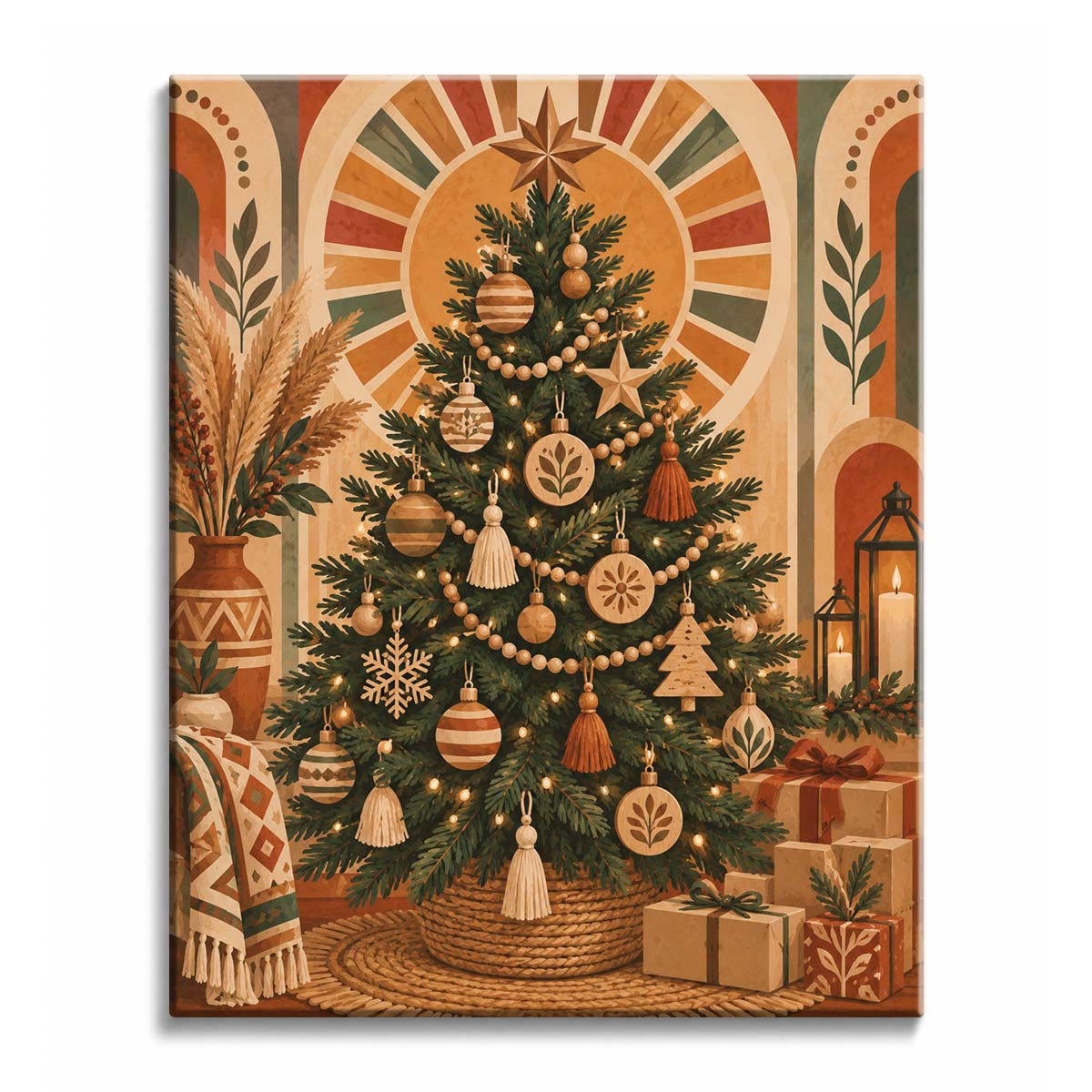 A boho Christmas tree paint by numbers design with wooden ornaments, bead garlands, tassels, wrapped gifts, warm lights, pampas and lanterns.