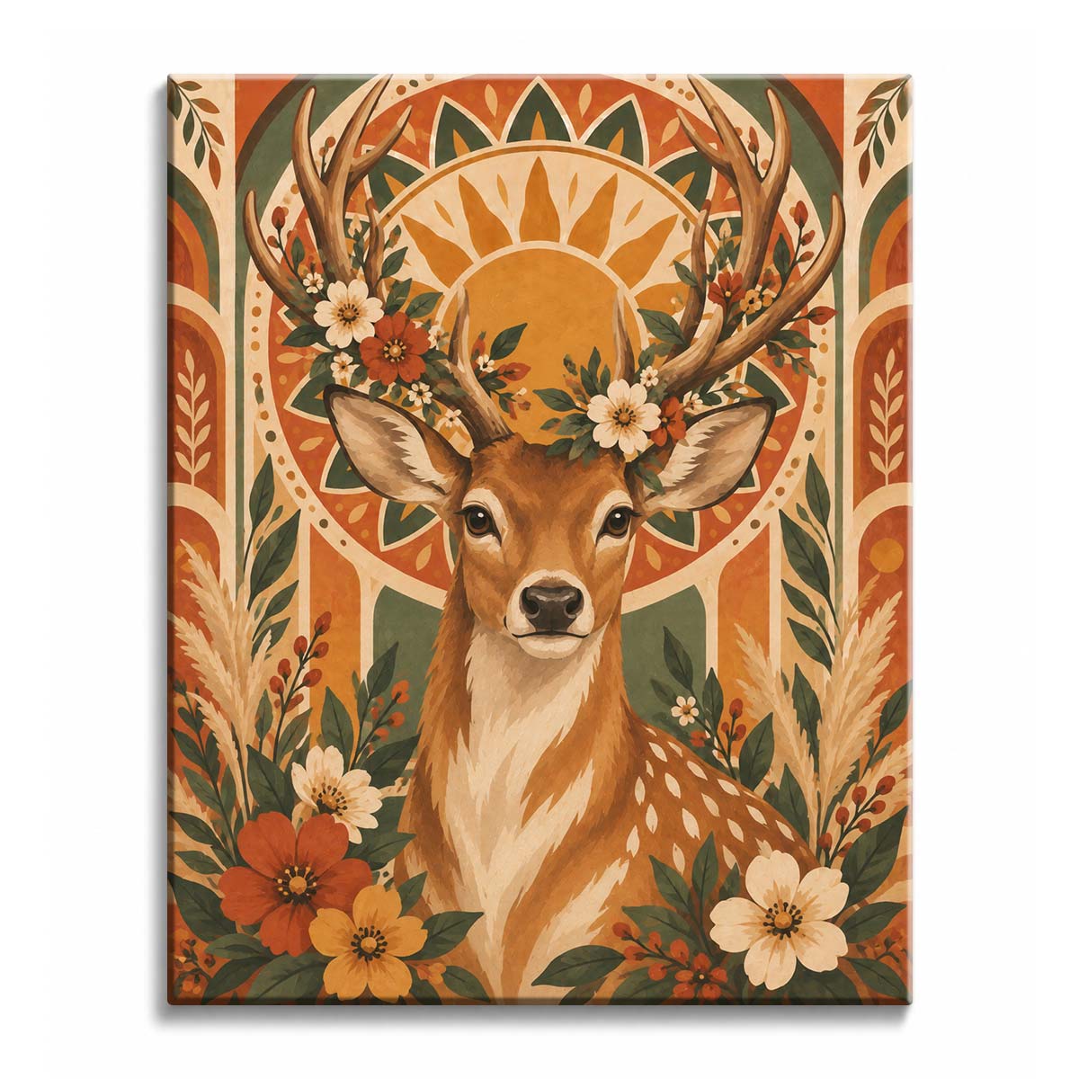 A boho deer paint by numbers design with branching antlers dressed in flowers, a sun medallion behind its head, and sage leaves in an earthy folk floral setting.
