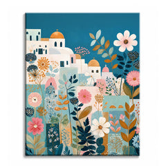 Oversized pink and white flowers rising in front of a pastel Mediterranean village with copper domes, shown as a paint by numbers canvas.