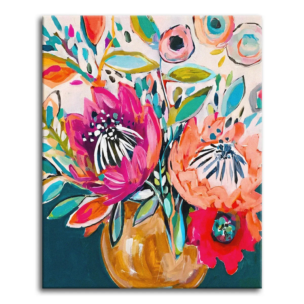 A bold bouquet of magenta, coral, and red flowers in a golden vase painted in a loose contemporary boho style against a deep teal background, shown as a paint by numbers canvas.