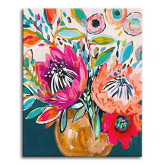 A bold bouquet of magenta, coral, and red flowers in a golden vase painted in a loose contemporary boho style against a deep teal background, shown as a paint by numbers canvas.