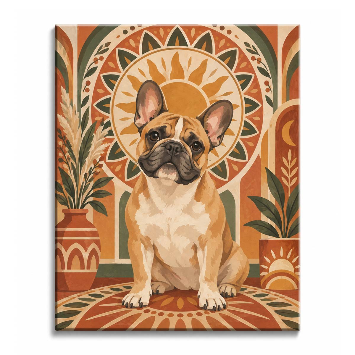 A boho French Bulldog paint by numbers design showing a fawn dog before a terracotta sun medallion with sage plants and patterned arches.