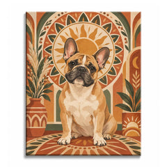 A boho French Bulldog paint by numbers design showing a fawn dog before a terracotta sun medallion with sage plants and patterned arches.