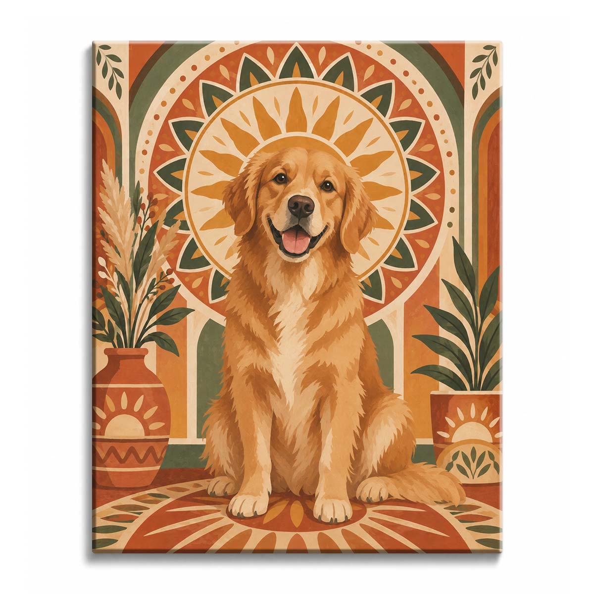 At the center of a terracotta folk interior, a boho Golden Retriever sits beneath a sun medallion in a paint by numbers design with sage foliage.