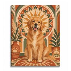 At the center of a terracotta folk interior, a boho Golden Retriever sits beneath a sun medallion in a paint by numbers design with sage foliage.