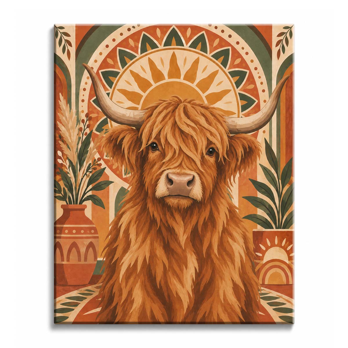 A boho Highland cow paint by numbers design centers a shaggy cow with curved horns before a terracotta sun medallion, framed by sage leaves.